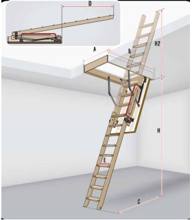 schema scale estraibile sezionale scorrevole legno per soffitta termoisolata