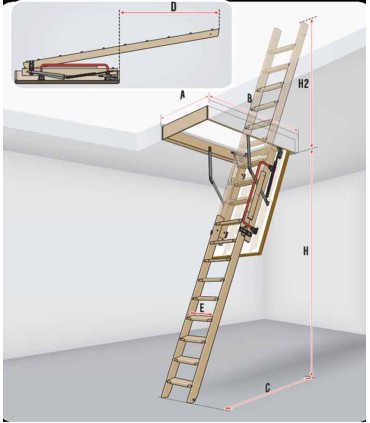 schema scale estraibile sezionale scorrevole legno per soffitta termoisolata