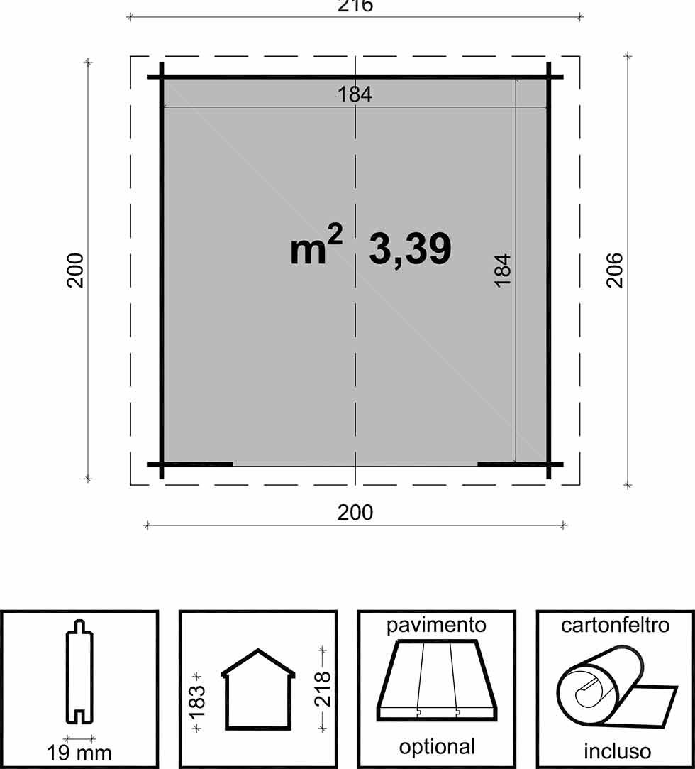 Casetta in legno di abete naturale grezzo non trattato GIULIA 200*200