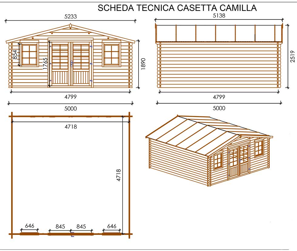 Casetta in legno di abete naturale grezzo non trattato CAMILLA 500*500