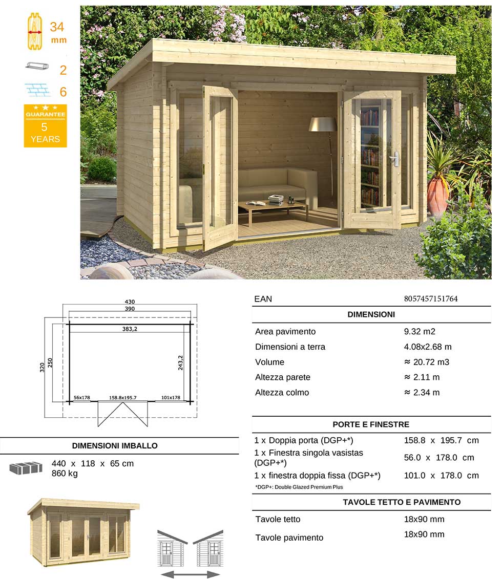 Casetta in legno di abete naturale grezzo non trattato CARLA 408*268