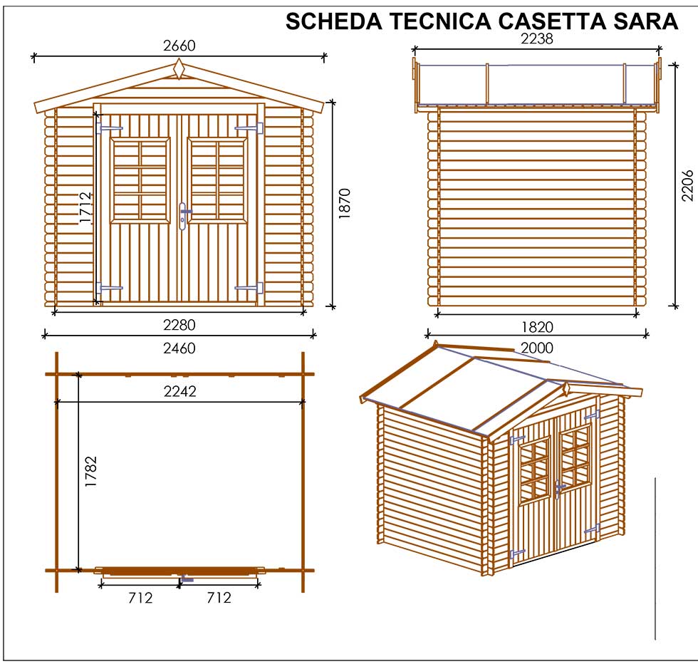 Casetta in legno di abete naturale grezzo non trattato SARA 246*200 