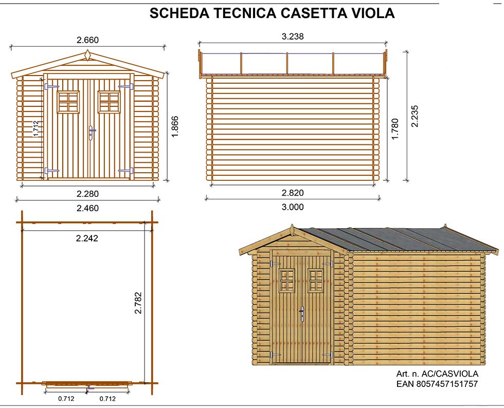 Casetta in legno di abete naturale grezzo non trattato VIOLA 246*300 